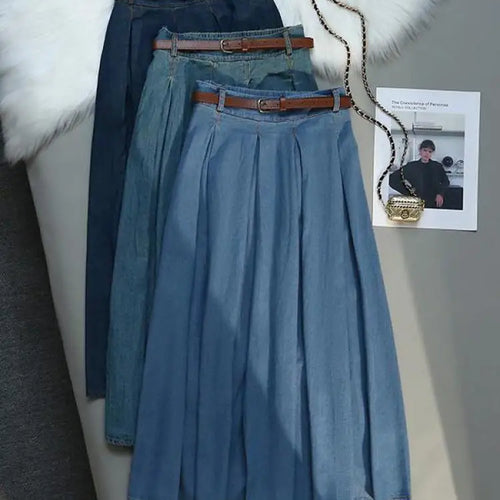 Load image into Gallery viewer, Korean Style High Waist Retro Belt Long Skirts For Women Fashion 2023 Summer Thin A-line Denim Skirt Women&#39;s Midi Elastic Skirt
