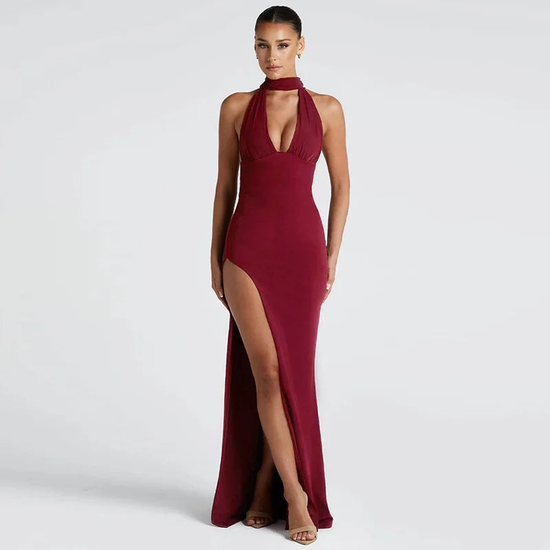 Scarf Collar Backless Sexy Maxi Dress Women Gown Fashion Halter Deep V Neck Thigh High Split Bodycon Long Dress