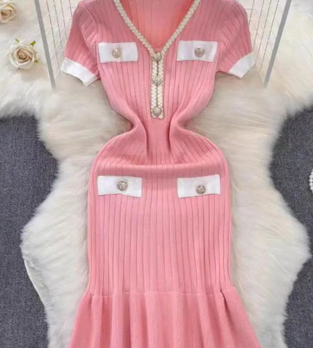 Summer Korean Patchwork V-neck Slim Ruffled Edge Pleated Short Sleeve Midi Dress Women Retro Holiday Wrap Hip Knitted Dress Chic