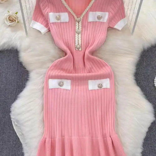 Load image into Gallery viewer, Summer Korean Patchwork V-neck Slim Ruffled Edge Pleated Short Sleeve Midi Dress Women Retro Holiday Wrap Hip Knitted Dress Chic
