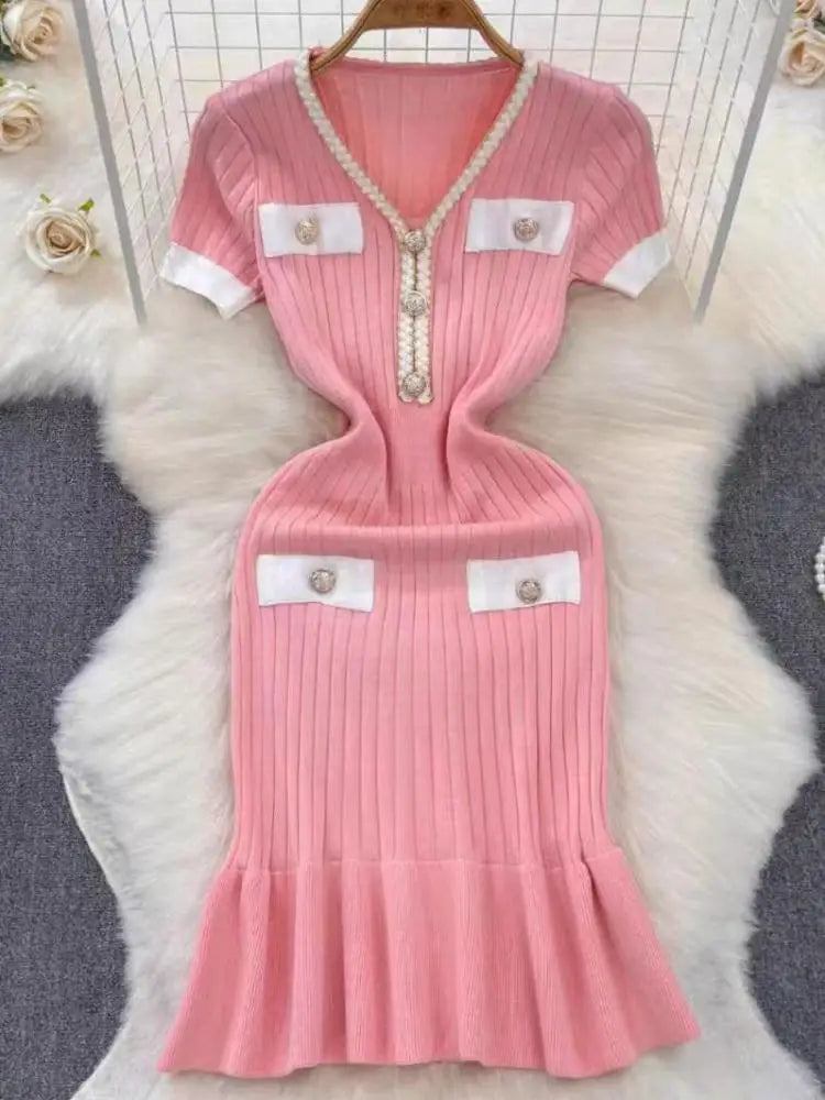 Summer Korean Patchwork V-neck Slim Ruffled Edge Pleated Short Sleeve Midi Dress Women Retro Holiday Wrap Hip Knitted Dress Chic