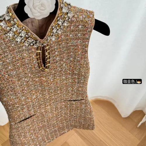 Load image into Gallery viewer, Retro 2024 Autumn Winter New Brown Diamond Woolen Sleeveless Mini Dress Women Round Neck Elegant Short Tweed Dress Popular Trend
