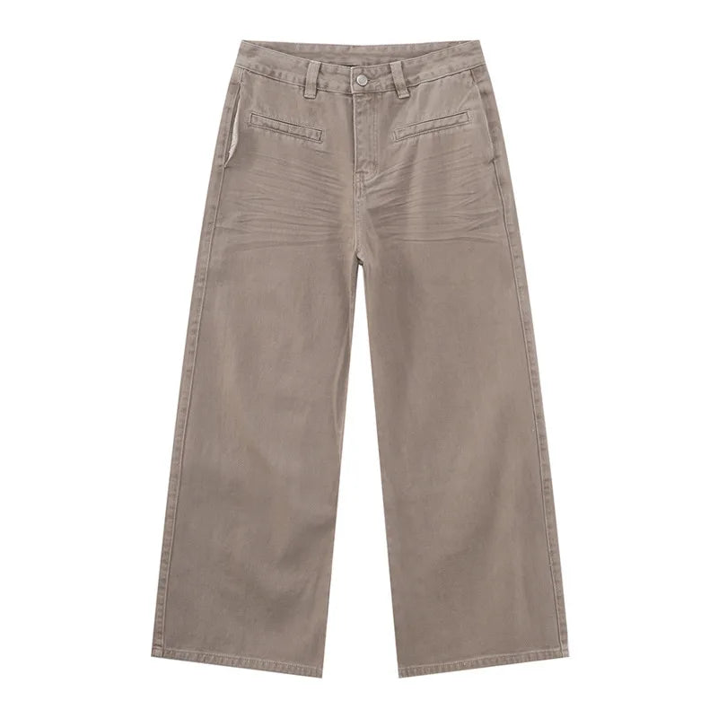 Men's Jeans Personality Pocket Reverse Wear Fold Design Solid Color Straight Wide Leg Denim Pants New Stylish 9W1589