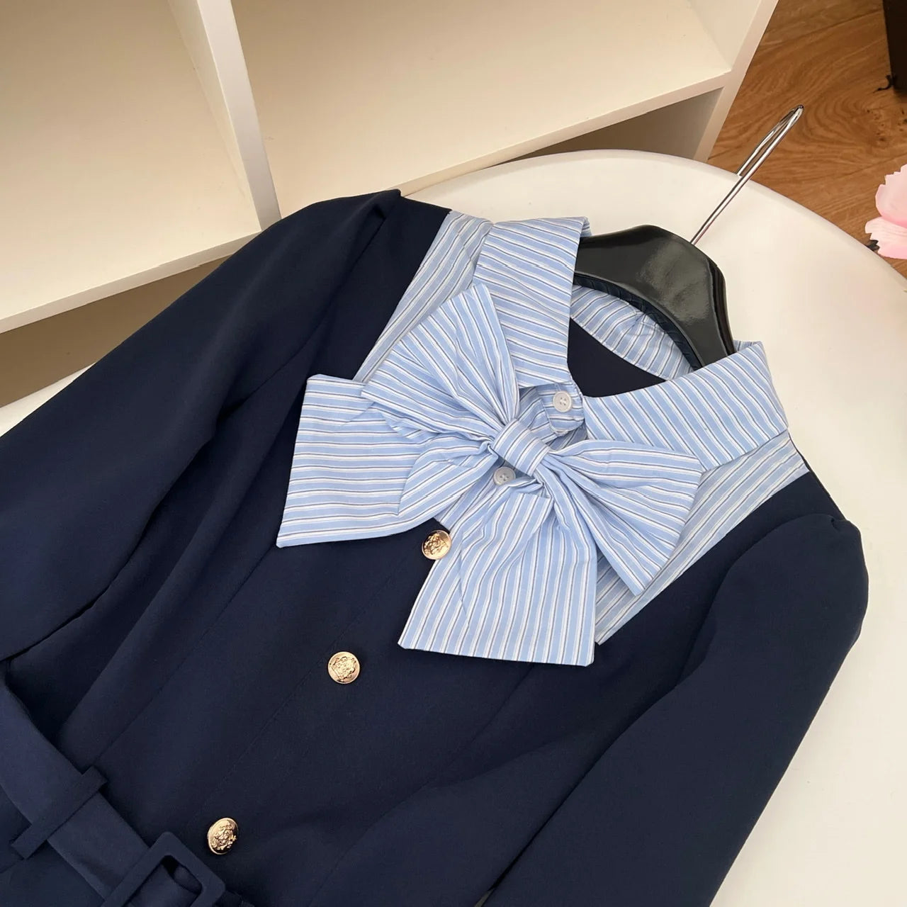 Autumn Vintage Blue Stripe Patchwork Elegant Long Sleeve Mini Dress Women College Style Button Pleated Short Dress Fashion Trend