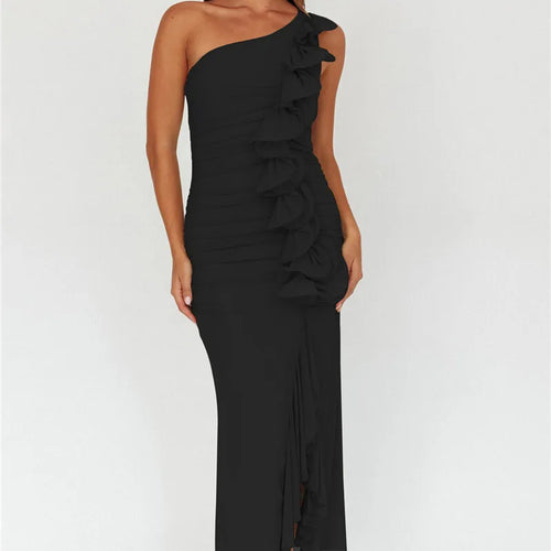 Load image into Gallery viewer, One Shoulder Draped Ruffle Maxi Dress Women Gown Fashion Diagonal Collar Backless Sleeveless Split Long Dress Elegant
