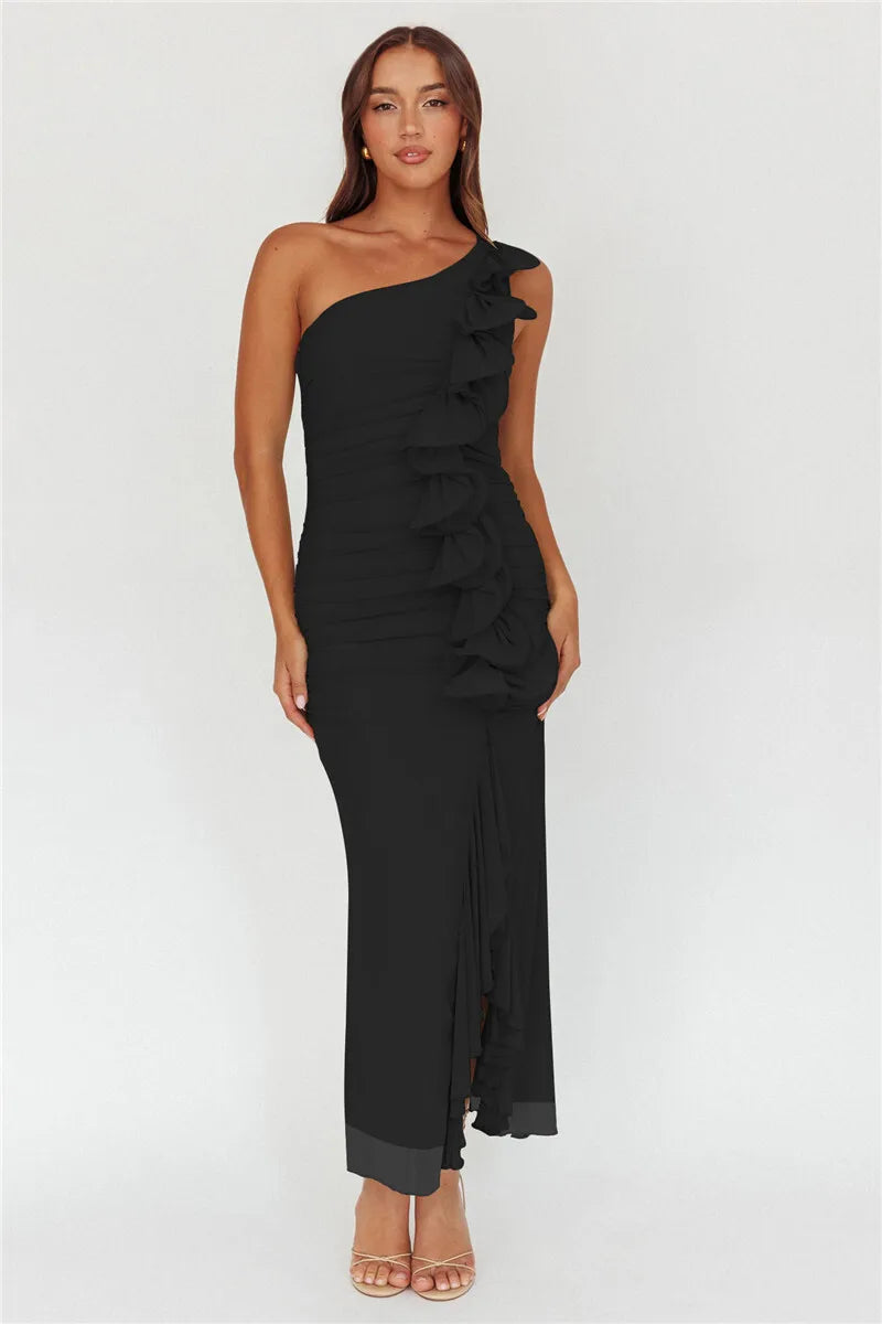 One Shoulder Draped Ruffle Maxi Dress Women Gown Fashion Diagonal Collar Backless Sleeveless Split Long Dress Elegant