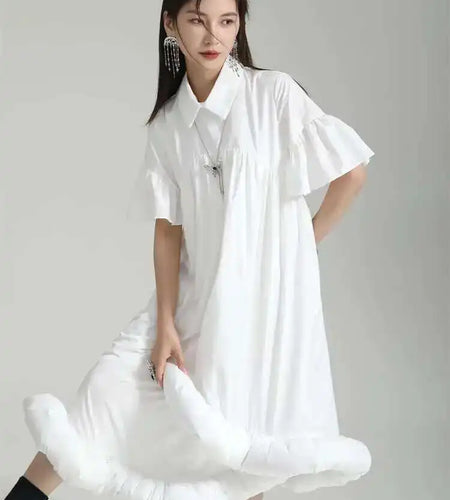 Women White Pleated Hem Ruffles Big Size Shirt Dress New Lapel Short Sleeve Loose Fit Fashion Spring Summer 2025 1DF7190