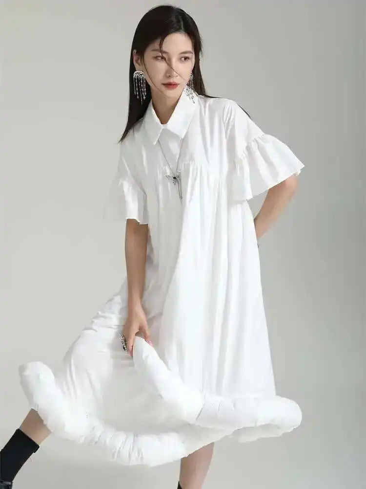 Women White Pleated Hem Ruffles Big Size Shirt Dress New Lapel Short Sleeve Loose Fit Fashion Spring Summer 2025 1DF7190