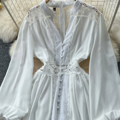 Load image into Gallery viewer, Vintage Women White Patchwork Lace Elegant High Waist Dresses Autumn Round Neck Long Sleeve Single Breasted Evening Party Dress
