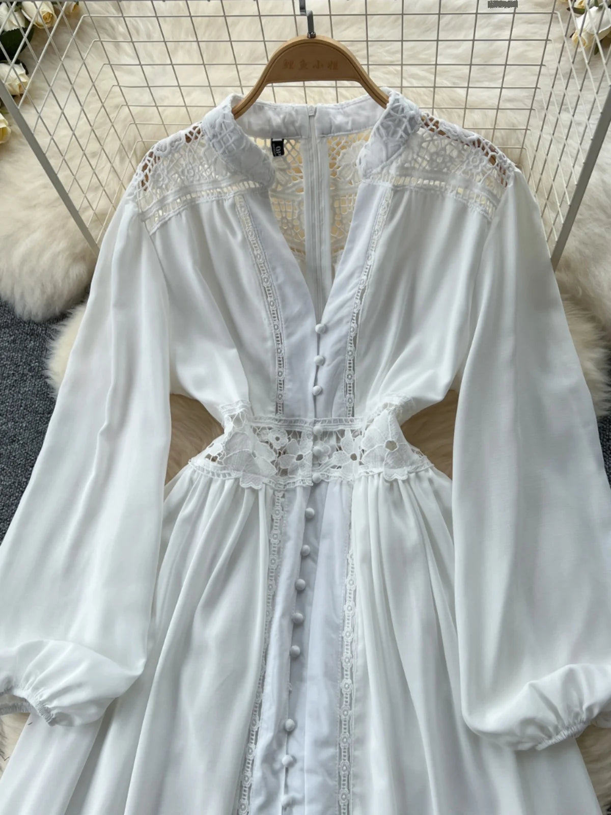 Vintage Women White Patchwork Lace Elegant High Waist Dresses Autumn Round Neck Long Sleeve Single Breasted Evening Party Dress