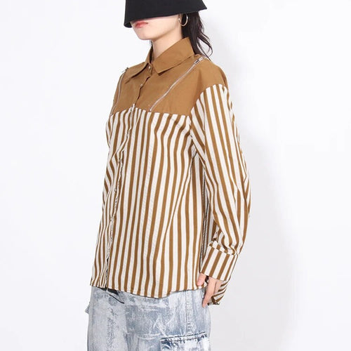 Load image into Gallery viewer, Colorblock Striped Patchwork Zipper Loose Shirts For Women Lapel Long Sleeve Spliced Single Breasted Blouses Female
