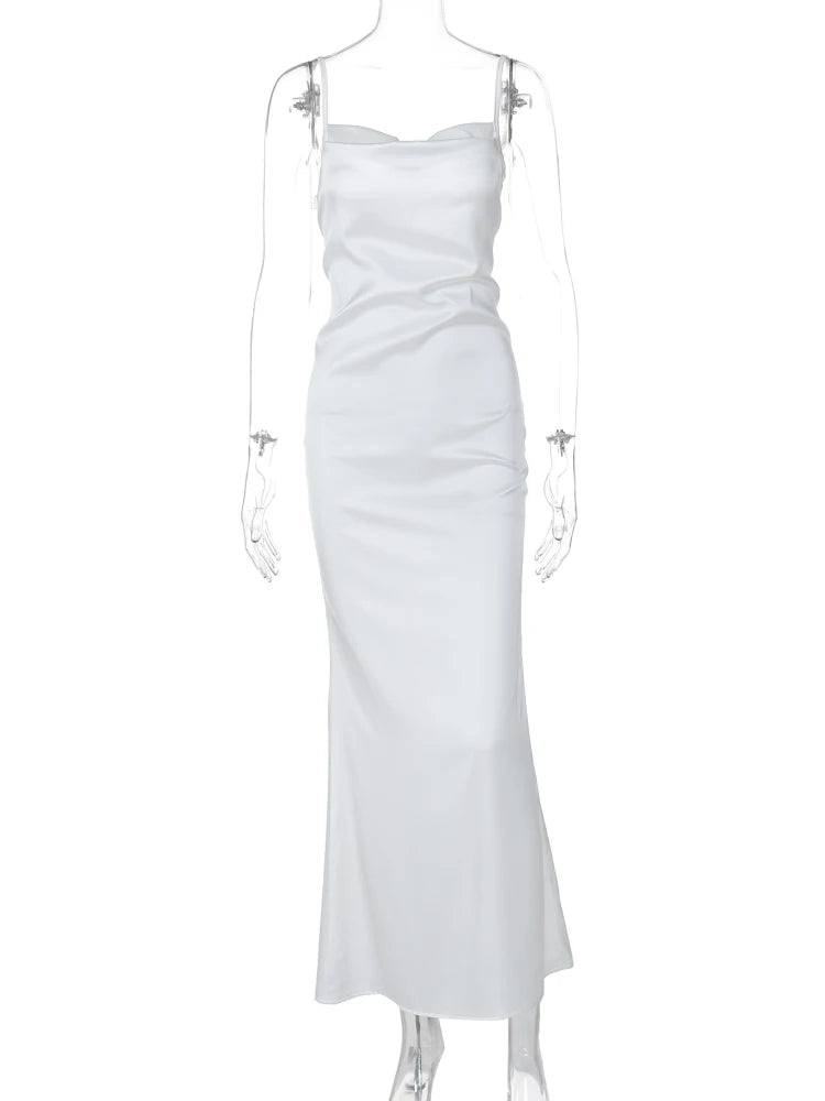 Elegant Satin Slips Backless Solid Bandage Sexy Slim Maxi Dress Spring Women Clothes Evening Party Birthday Festival