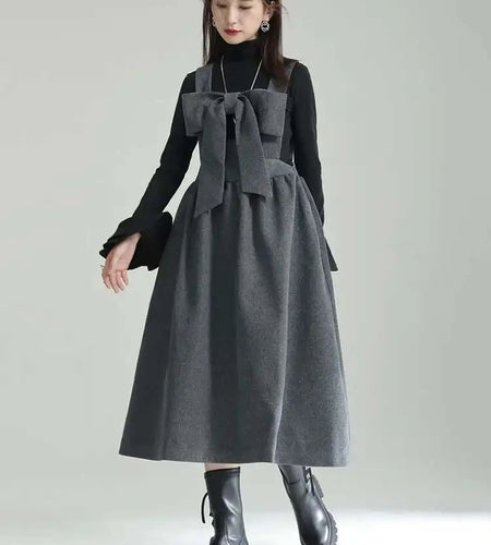 Women Gray Bow Bandage Spliced Long Elegant Woolen Dress New Sleeveless Loose Fit Fashion Tide Autumn Winter 2025 1DF3527