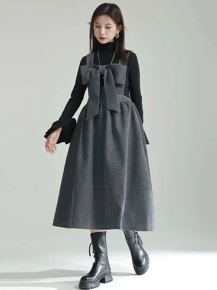 Women Gray Bow Bandage Spliced Long Elegant Woolen Dress New Sleeveless Loose Fit Fashion Tide Autumn Winter 2025 1DF3527