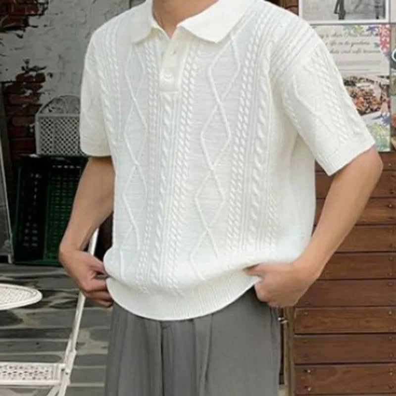 Korean Style Male T-shirts Loose Turn-down Short Sleeve Knitted Casual Men's Tees Solid Color Tide Summer 9C6228