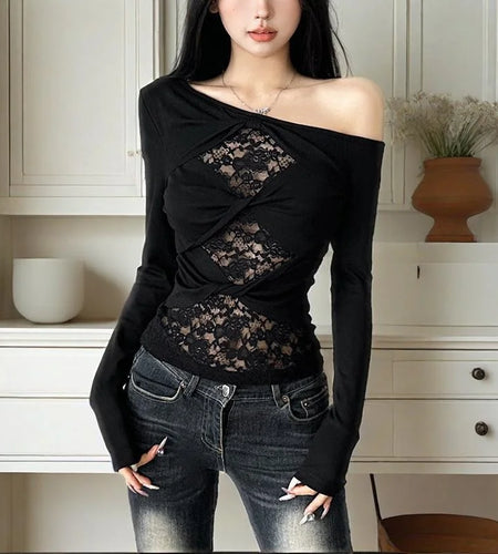 y2k Lace Top Women Coquette Clothing See Through Slash Neck One Shoulder Twist Front Long Sleeve T Shirt Streetwear