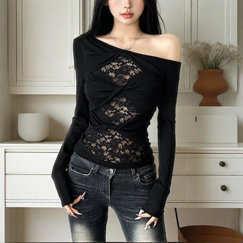Load image into Gallery viewer, y2k Lace Top Women Coquette Clothing See Through Slash Neck One Shoulder Twist Front Long Sleeve T Shirt Streetwear
