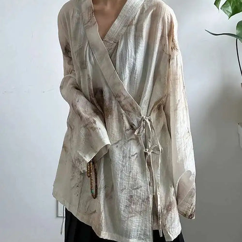 Load image into Gallery viewer, Women Apricot Printed Bandage Big Size Vintage Blouse New V-neck Long Sleeve Shirt Fashion Tide Spring Autumn 2025 1DJ0468
