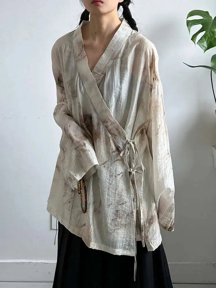 Women Apricot Printed Bandage Big Size Vintage Blouse New V-neck Long Sleeve Shirt Fashion Tide Spring Autumn 2025 1DJ0468