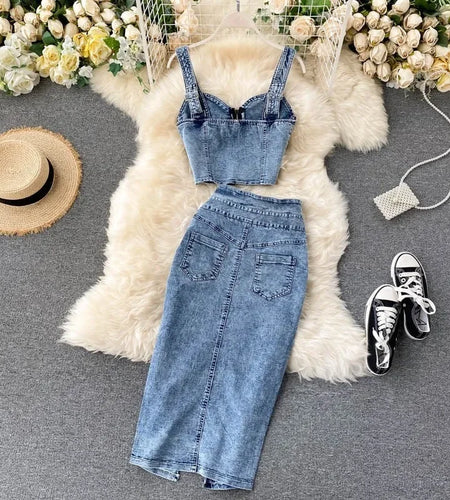 2024 Summer Women Skirt Two Piece Set Sexy V-Neck Ctopped Denim Vest High Waist Denim Skirts Korean Ladies Sleeveless Suits