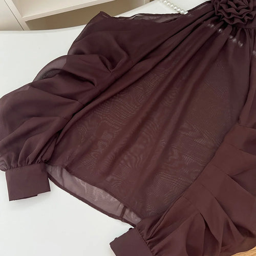 Load image into Gallery viewer, Autumn Brown Flower Elegant Festival Long Sleeve Halter Blouse Women Pullovers Shirt Ladies Off Shoulder Pleated Shirt Fashion
