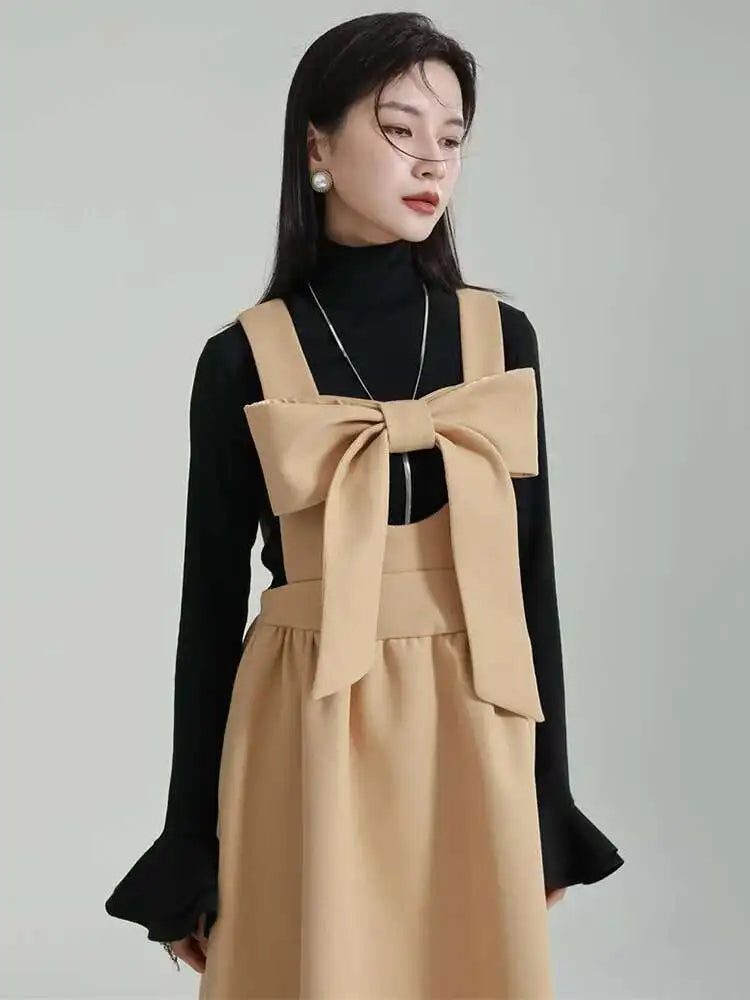 Women Gray Bow Bandage Spliced Long Elegant Woolen Dress New Sleeveless Loose Fit Fashion Tide Autumn Winter 2025 1DF3527