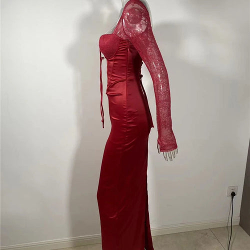 Load image into Gallery viewer, Backless Long Sleeve Sexy Maxi Dress For Women Solid Square Collar Lace-up Back Split Bodycon Club Long Dress Elegant
