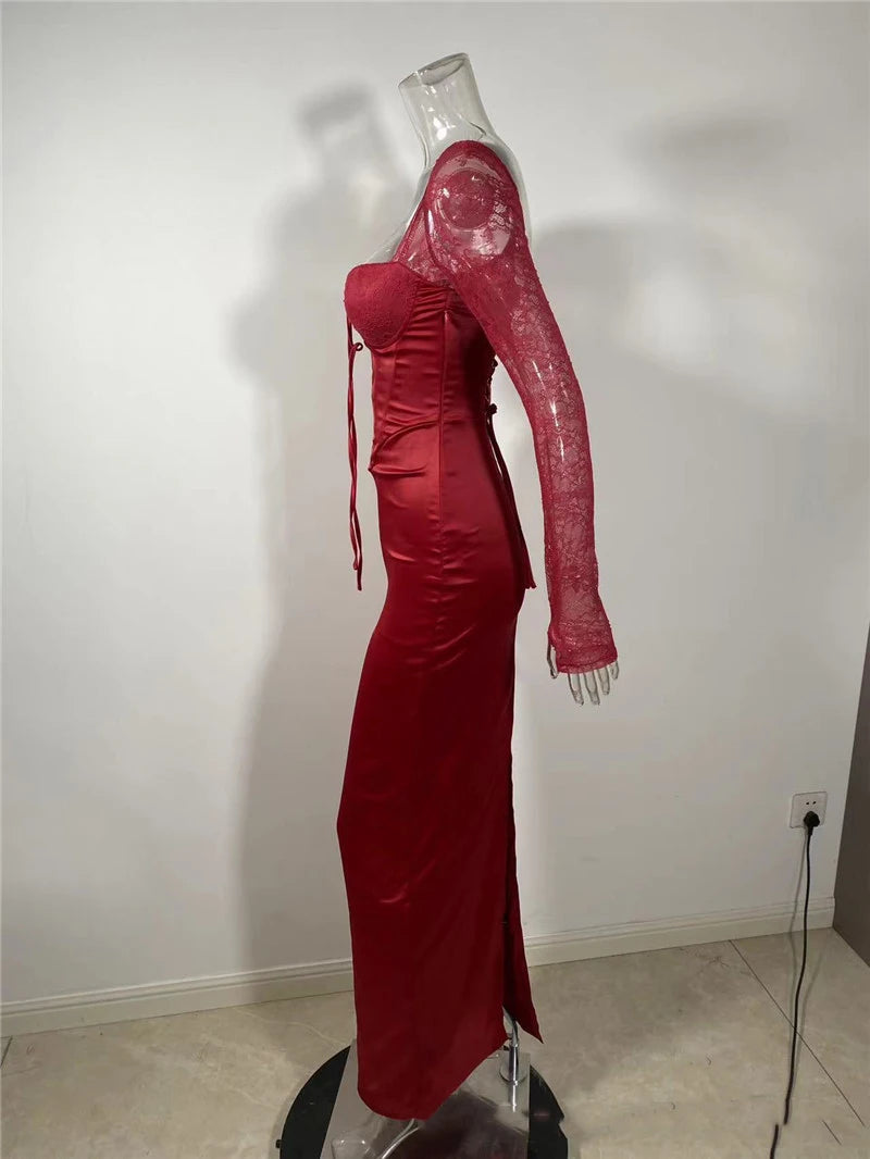 Backless Long Sleeve Sexy Maxi Dress For Women Solid Square Collar Lace-up Back Split Bodycon Club Long Dress Elegant