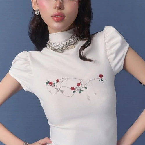 Load image into Gallery viewer, Streetwear Summer Half High Collar Women's Tops Vintage Flower Printing Harajuku T-shirts Y2k Aesthetic Puff Sleeve Grunge Tees
