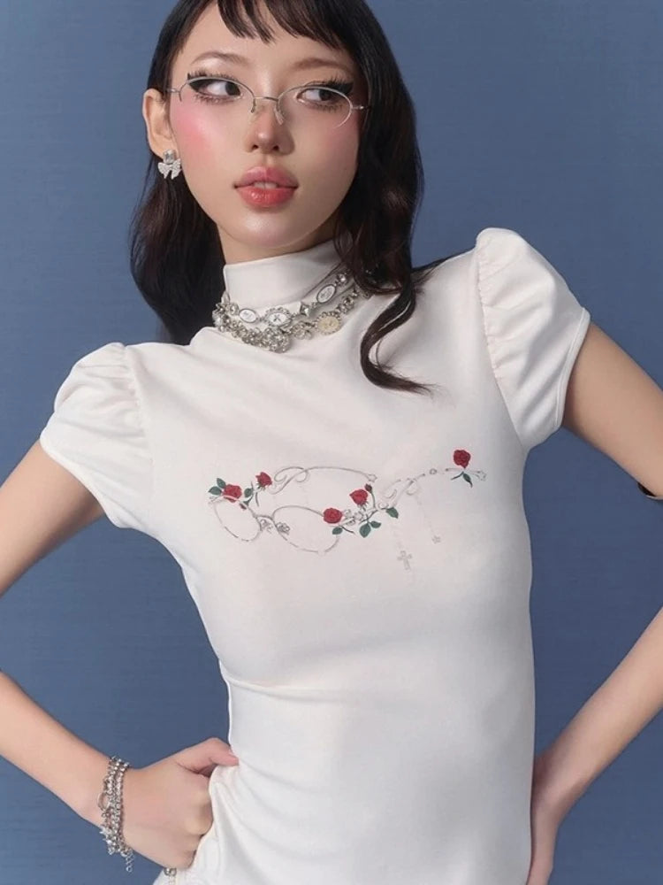 Streetwear Summer Half High Collar Women's Tops Vintage Flower Printing Harajuku T-shirts Y2k Aesthetic Puff Sleeve Grunge Tees