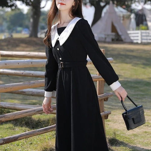 Load image into Gallery viewer, Preppy Style School Corduroy Dress Women Sweet Kawaii Black Long Sleeve Midi Dresses with Belt Korean Autumn Winter
