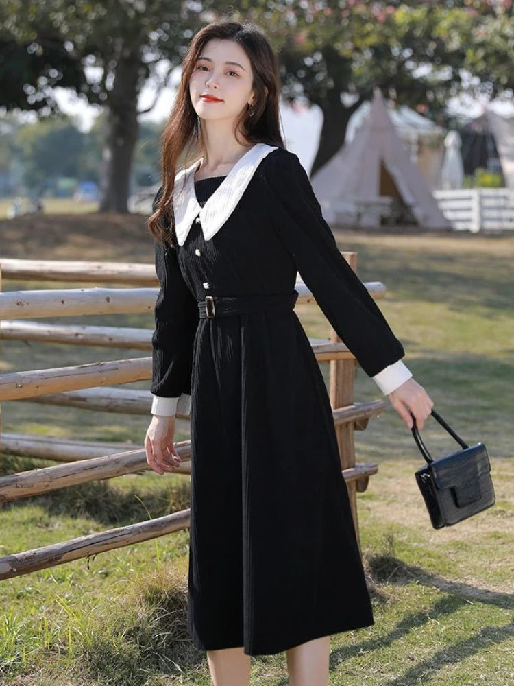 Preppy Style School Corduroy Dress Women Sweet Kawaii Black Long Sleeve Midi Dresses with Belt Korean Autumn Winter