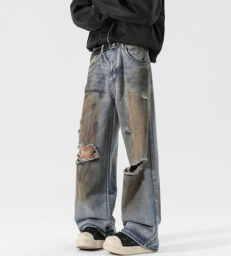 Men's Jeans Washed Distressed Trendy Straight Wide Leg Worn-out Tide New American Style High Street Male Denim Pants 9W2022