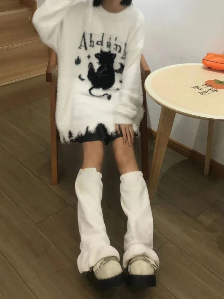 Oversized Harajuku Grunge Cartoon Jacquard Sweaters Streetwear Vintage Hole Jumpers 2025 Women Y2k Aesthetic Casual Pullovers