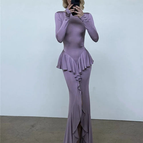 Load image into Gallery viewer, Backless Ruffled Sexy Maxi Dress For Women Gown Fashion O Neck Long Sleeve Thigh High Split Evening Long Dress Elegant
