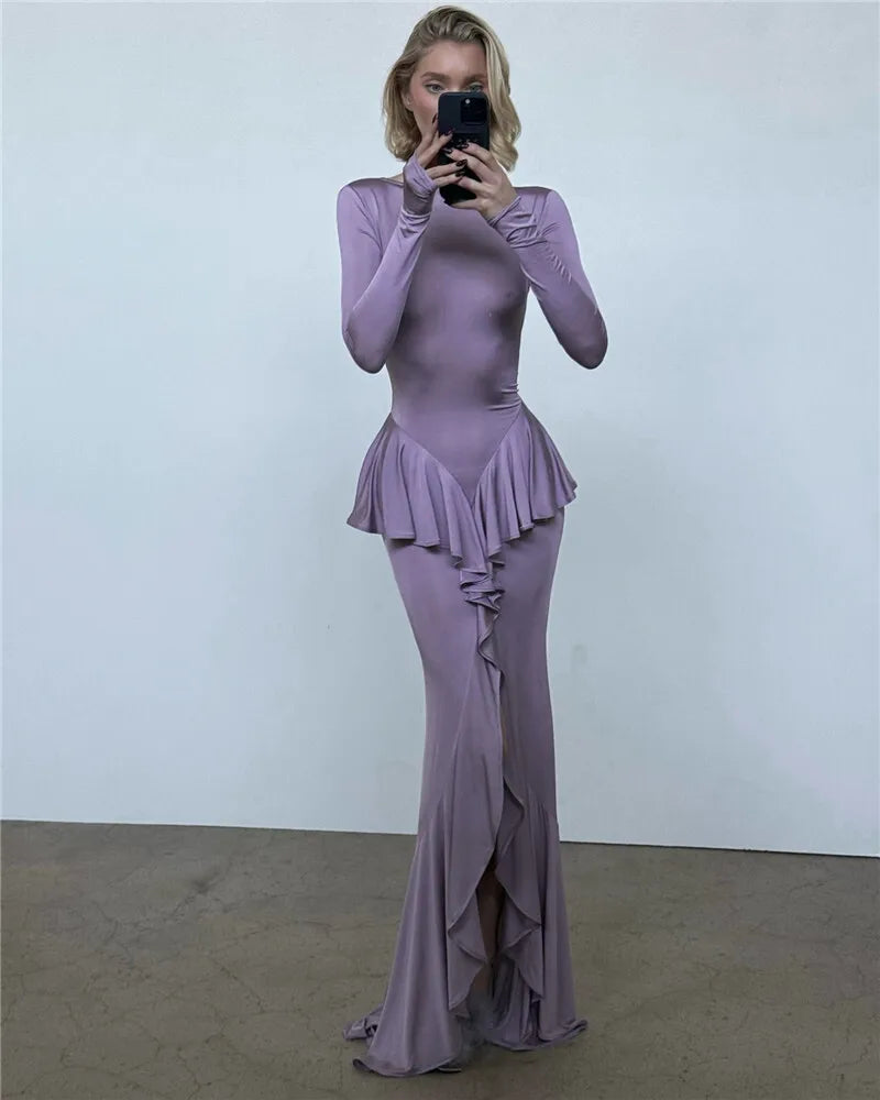Backless Ruffled Sexy Maxi Dress For Women Gown Fashion O Neck Long Sleeve Thigh High Split Evening Long Dress Elegant