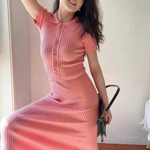 Load image into Gallery viewer, French Fashion Women's Solid Short Sleeved Office Lady Knitted Long Dress Summer Single Breasted Slim Wrap Hip Fishtail Dresses
