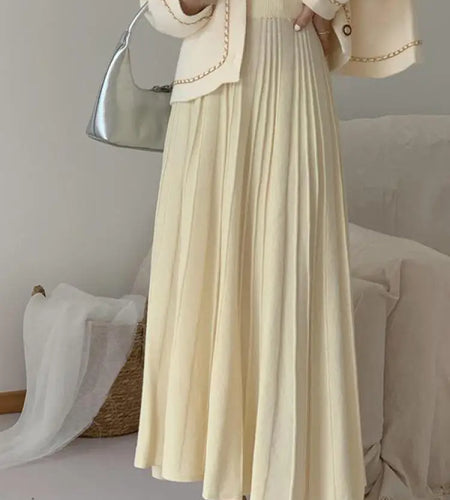 Korean Fashion Solid Sweet Elegant Knit Party Long Skirts Autumn Winter Women Pleated A-line High Waist Fairy Umbrella Skirt New