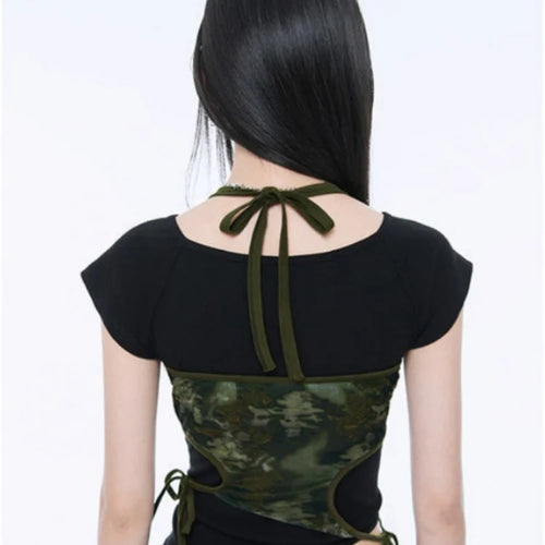 Load image into Gallery viewer, Fake Two Piece Halter Bandage Vest Women Summer Korean Fashion Crop Top Y2k Aesthetic Solid Tee Shirt Femme Hollow Out Camisetas
