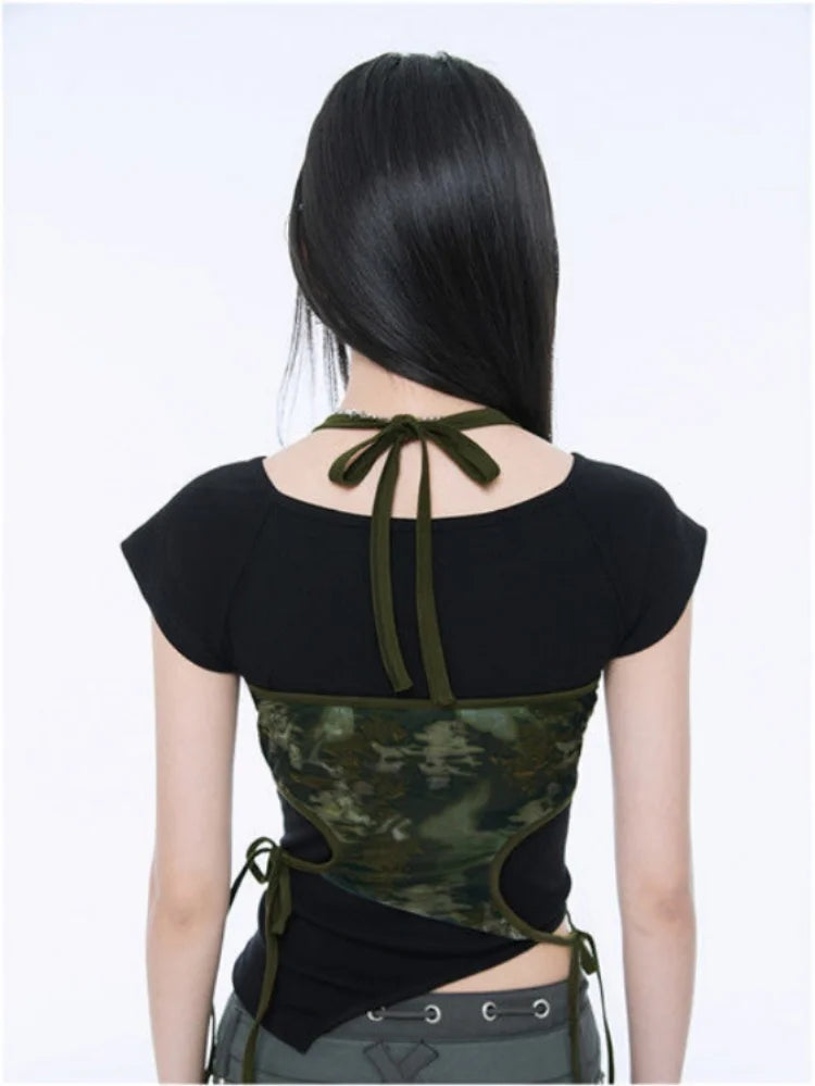 Fake Two Piece Halter Bandage Vest Women Summer Korean Fashion Crop Top Y2k Aesthetic Solid Tee Shirt Femme Hollow Out Camisetas