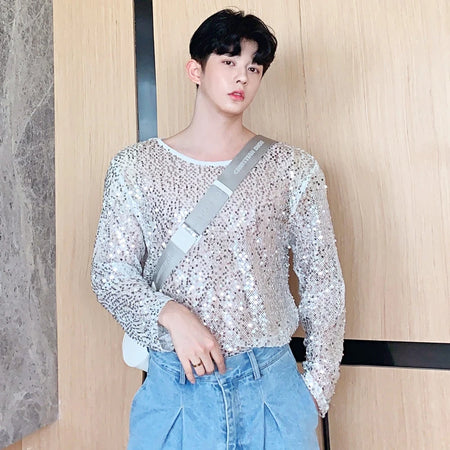 Men's Thin T-shirts Seqiuns Casual Tops Round Collar Long Sleeve Loose Male Tees New Fashion Autumn Niche Design 9C7104