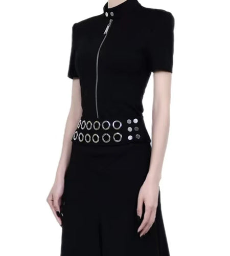 Solid Spliced Zipper Slimming T Shirts For Women O Neck Shorts Sleeve Minimalist T Shirts Female Fashion Style New