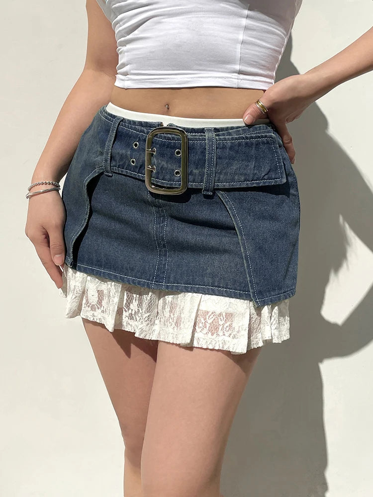 Streetwear Y2K Aesthetic Design Mini Skirt Outfits Buckle Belted Fashion Super Short Sexy Women Denim Skirt Clothing