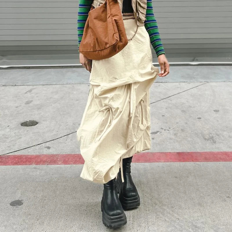 Asymmetrical Drawstring Bow Loose Long Skirt Streetwear Cargo Draped Solid Women Skirts Gorpcore Shirring Outfits