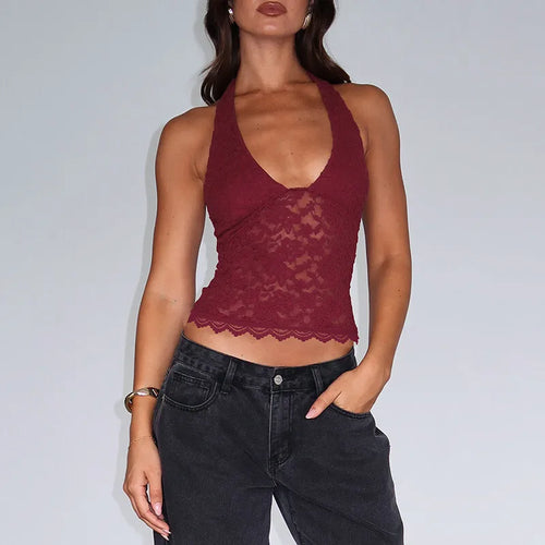 Load image into Gallery viewer, Halter Sleeveless Sexy Crop Tops Women Fashion Deep V Neck Backless Tank Tops Female Elegant Club Skinny Lace Top
