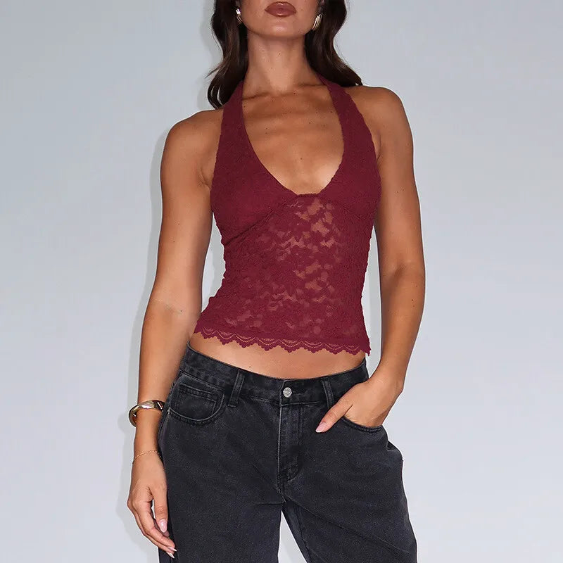 Halter Sleeveless Sexy Crop Tops Women Fashion Deep V Neck Backless Tank Tops Female Elegant Club Skinny Lace Top