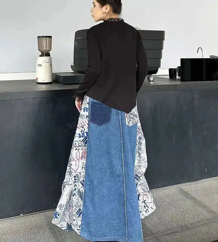 High Elastic Waist Green Pattern Printed Denim A-line Half-body Skirt Women Fashion Tide New Spring Autumn 2025 1DH8732