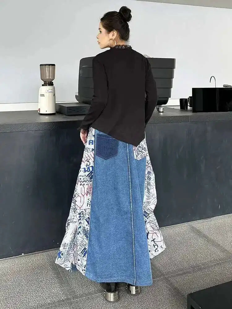 High Elastic Waist Green Pattern Printed Denim A-line Half-body Skirt Women Fashion Tide New Spring Autumn 2025 1DH8732