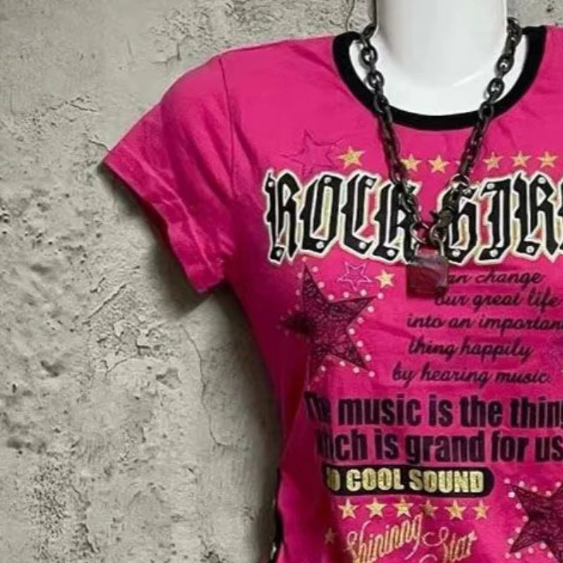 Korean Summer Fake 2 Pieces Casual T-shirt Y2k Aesthetic Irregular Patchwork Top Women Grunge Vintage Letter Print Harajuku Tees