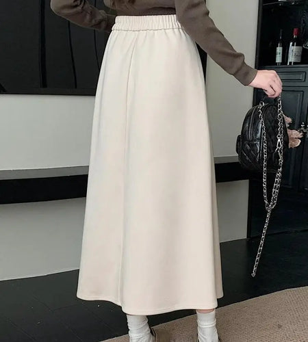 Autumn Winter Solid Large Size Woolen Long Skirt Women Fashion Korean Ladies High Waist Festival Pleated A-line Skirt Simplicity